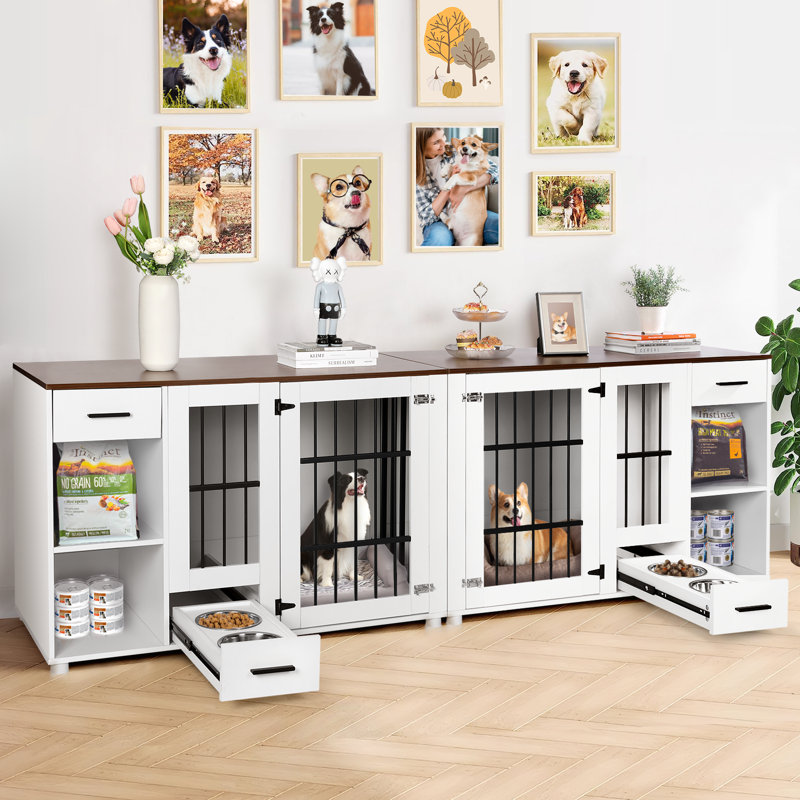 Tucker Murphy Pet 94.5 Large Double Dog Crate Furniture with 2 Feeders and Drawers Furniture Style Wooden Dog Crate With Divider and Storage Cabinet For Two Medium or Small Dogs or one